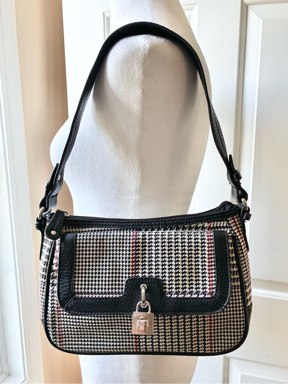 Chaps Angelina Shoulder Bag Houndstooth Pattern Black Faux Leather Trim